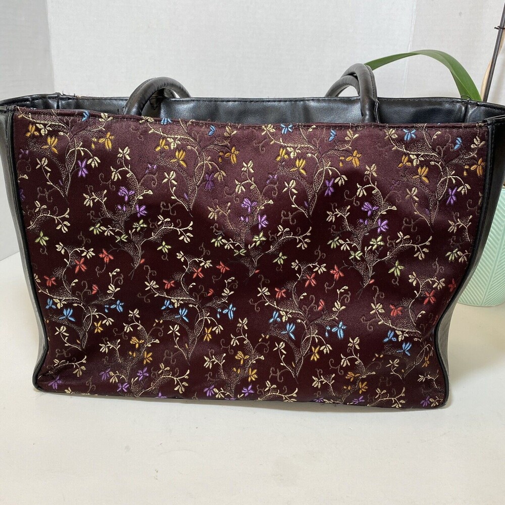 Geisha Shoulder Bag Jade Satin Embroidered Floral Black Leather Weekender Bueno - Picture 4 of 13